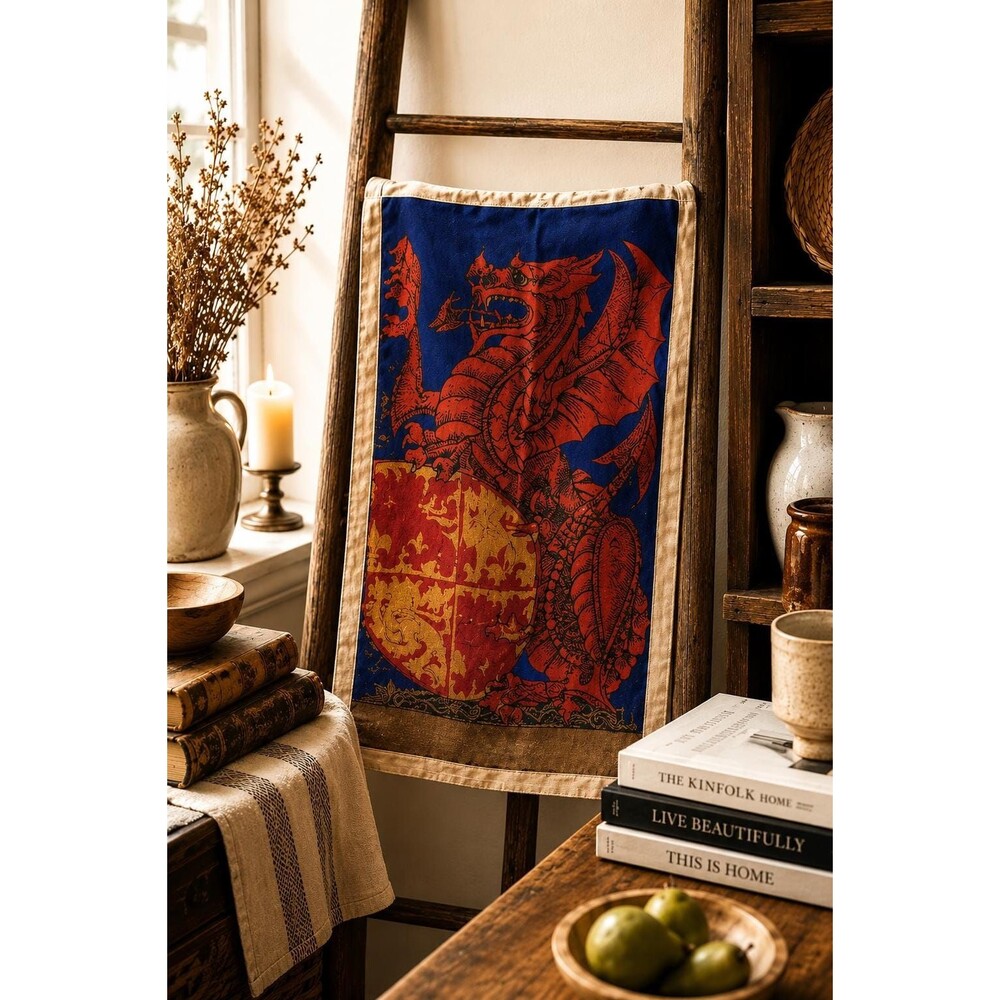 Vintage Welsh Dragon Tea Towel – Medieval Heraldic Linen Kitchen Towel – Celtic